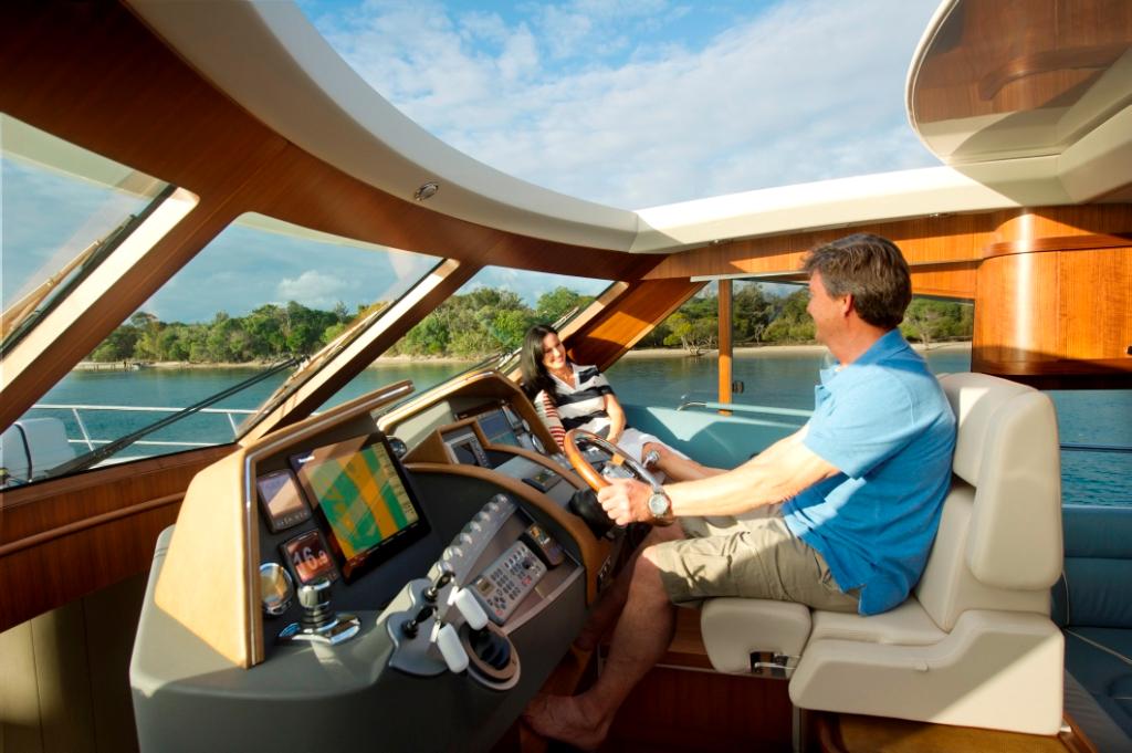 The Belize 54 Sedan features a large helm station with two 15-inch Raymarine multifunction glass screens, standard auto-pilot and joystick © Stephen Milne